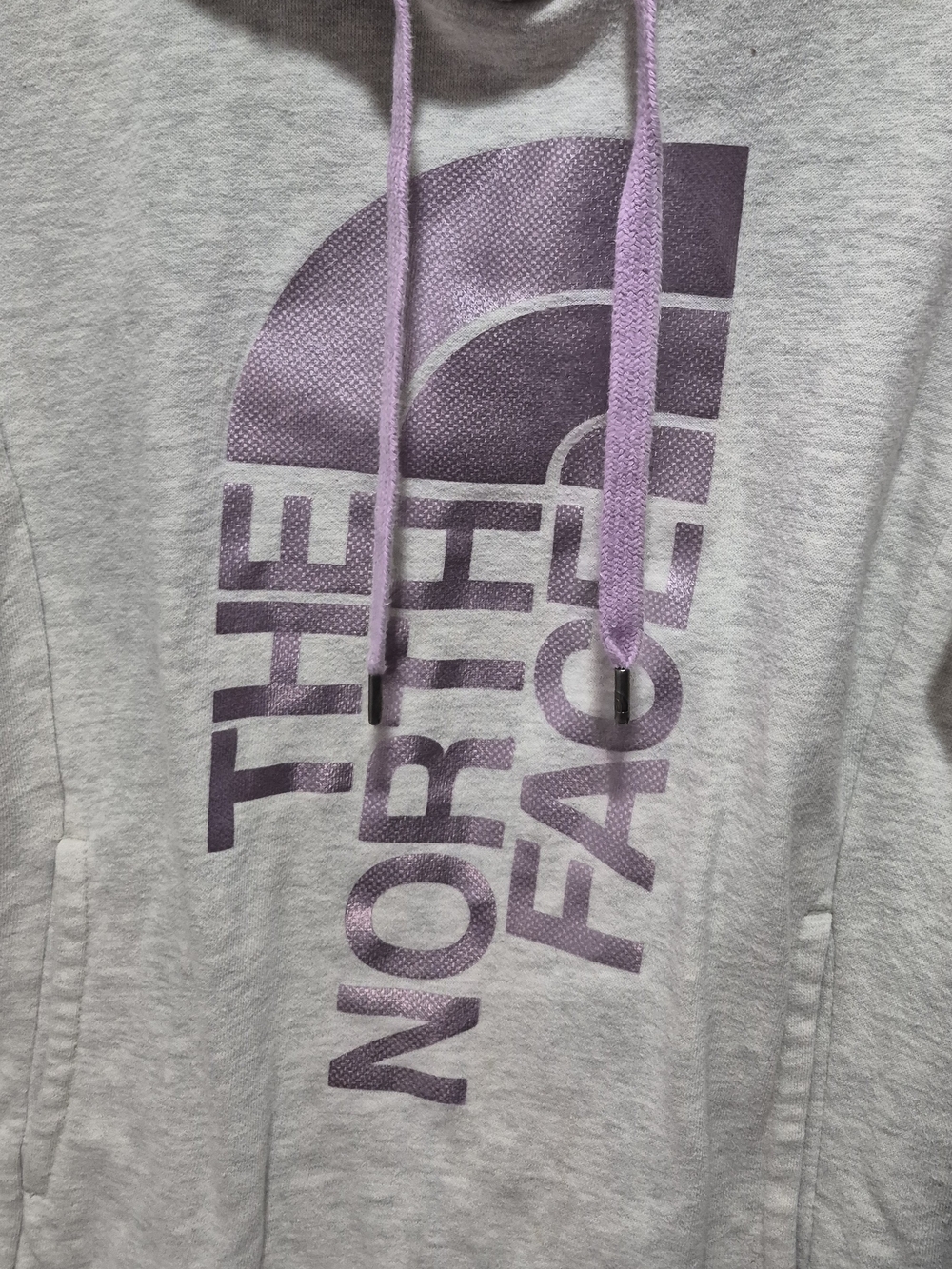 The North Face Women's Light Gray Pullover Hoodie with Purple Accent Size Medium